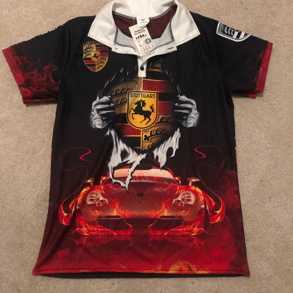 Porsche red and black collared polo shirt